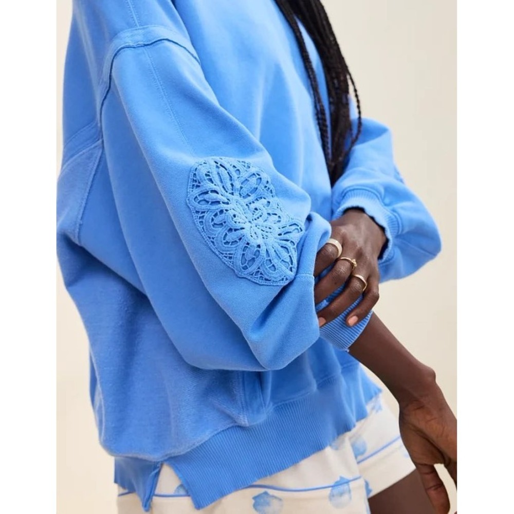 Aerie Blue Oversized Sweatshirt Crochet Lace Elbow Patch Pullover Size L